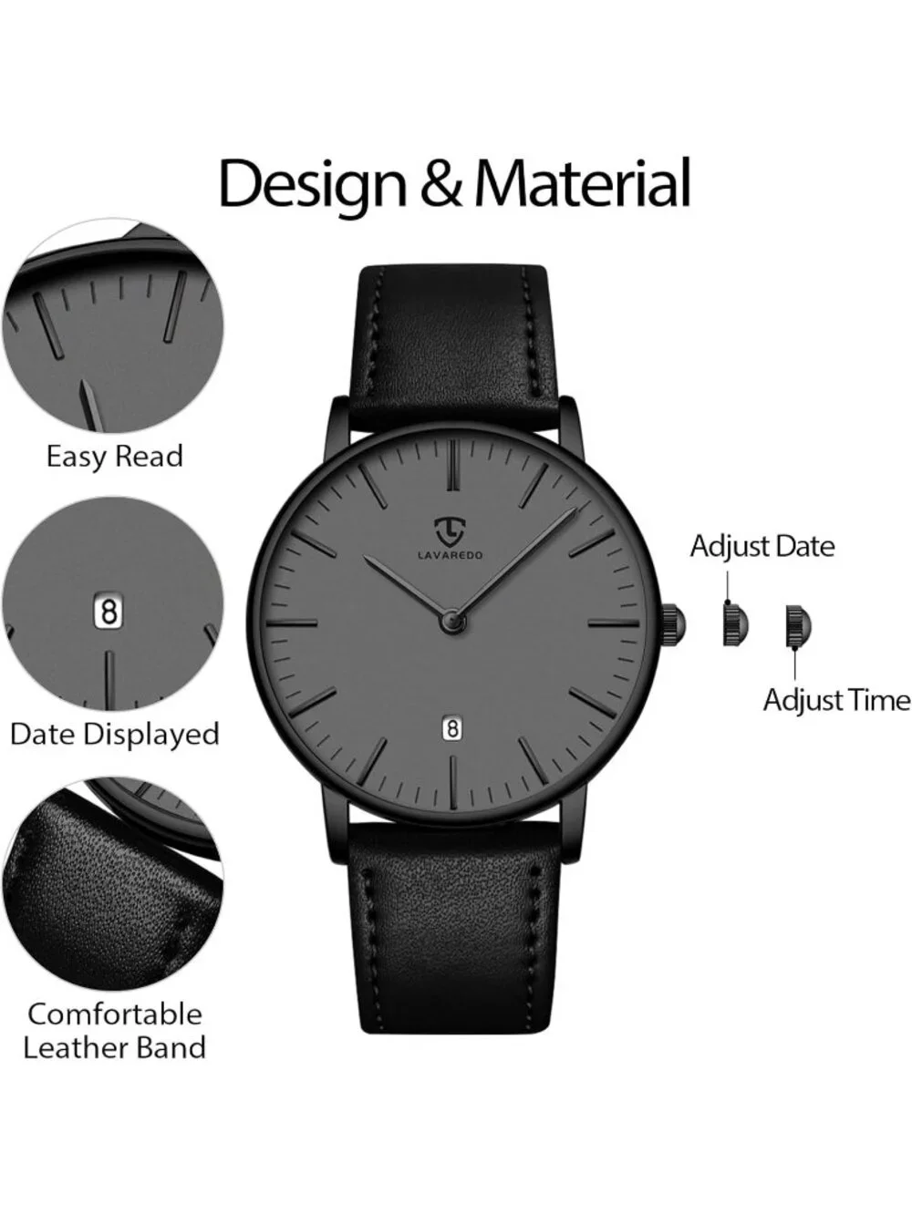Mens Black Grey Leather Strap Analog Minimalist Fashion Simple Round Wrist Watch